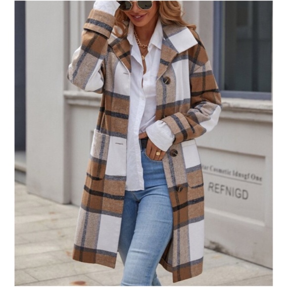 BellanBlue Jackets & Blazers - Cozy Camel Tan Plaid Button up Long Jacket Shacket